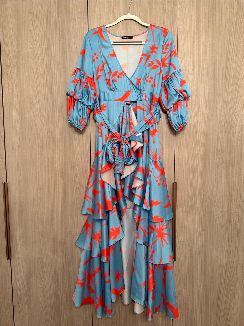 Blue & Orange Floral Ruffle Wrap Maxi Dress
